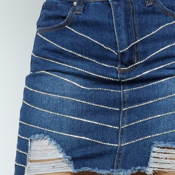 Distressed Denim Skirt with Rhinestone Trim - Picture 3 of 6